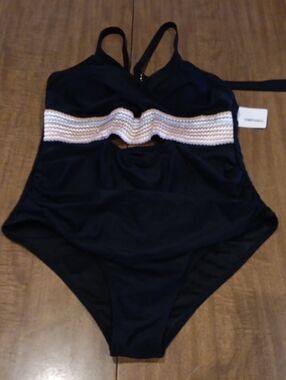 Black One-Piece Swimsuit with Pink & Cream Trim